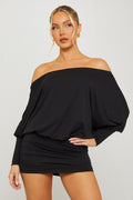 Black Off Shoulder Ruched Dolman Mini Dress - AMRONI