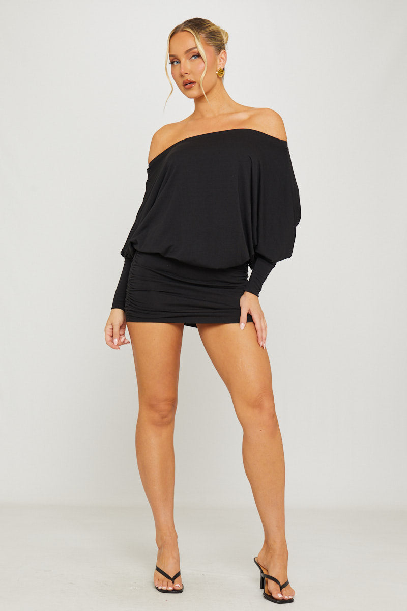Black Off Shoulder Ruched Dolman Mini Dress - AMRONI
