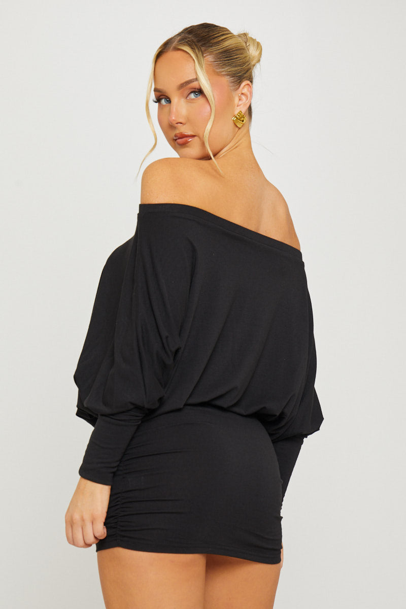 Black Off Shoulder Ruched Dolman Mini Dress - AMRONI
