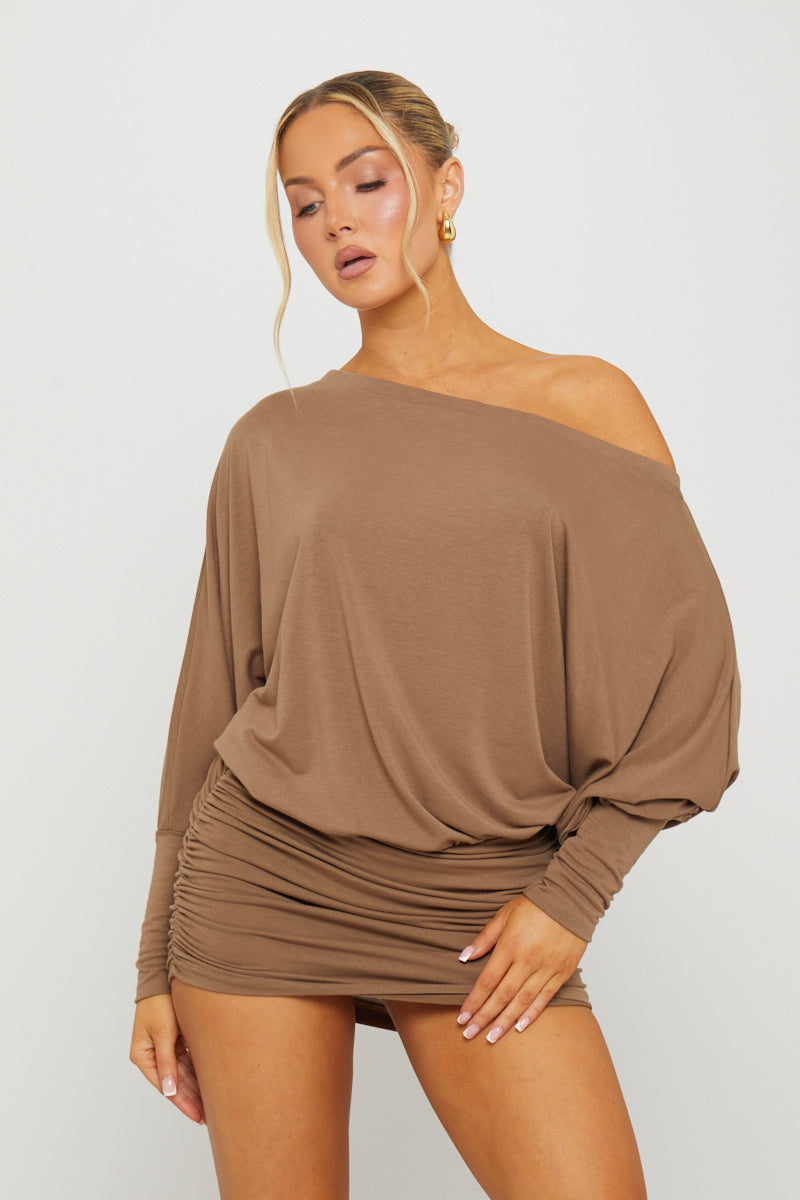 Bardot Ruche-Detail Dolman Brown Mini Dress