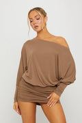 Bardot Ruche-Detail Dolman Brown Mini Dress