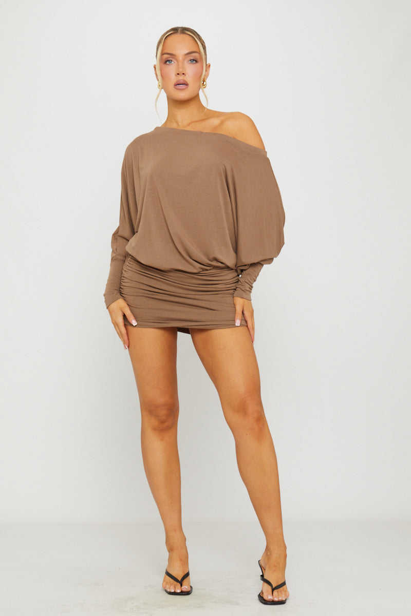 Bardot Ruche-Detail Dolman Brown Mini Dress