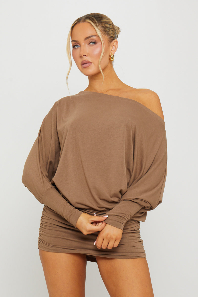Bardot Ruche-Detail Dolman Brown Mini Dress