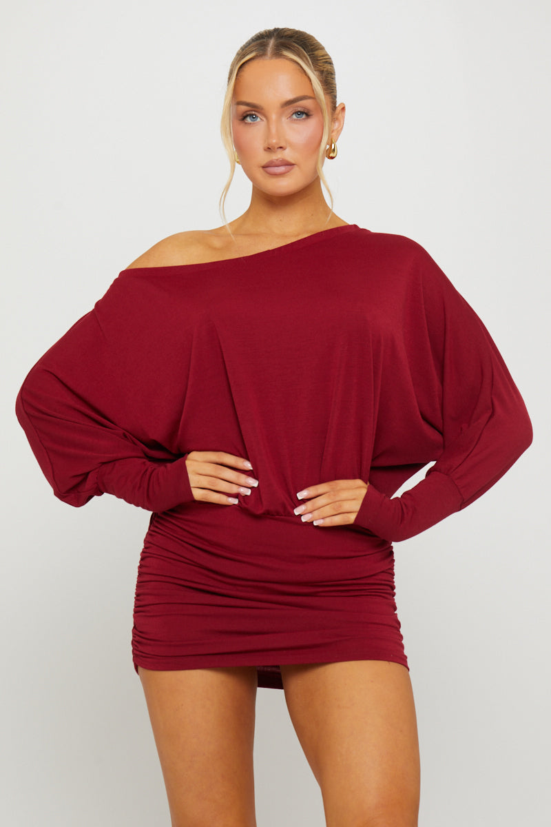 Off-the-Shoulder Gathered Dolman Burgundy Mini Dress