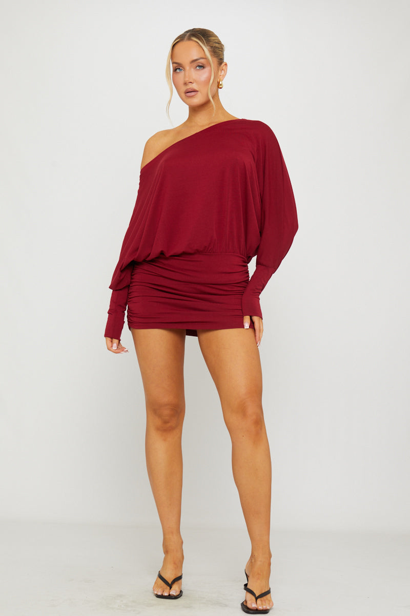 Off-the-Shoulder Gathered Dolman Burgundy Mini Dress