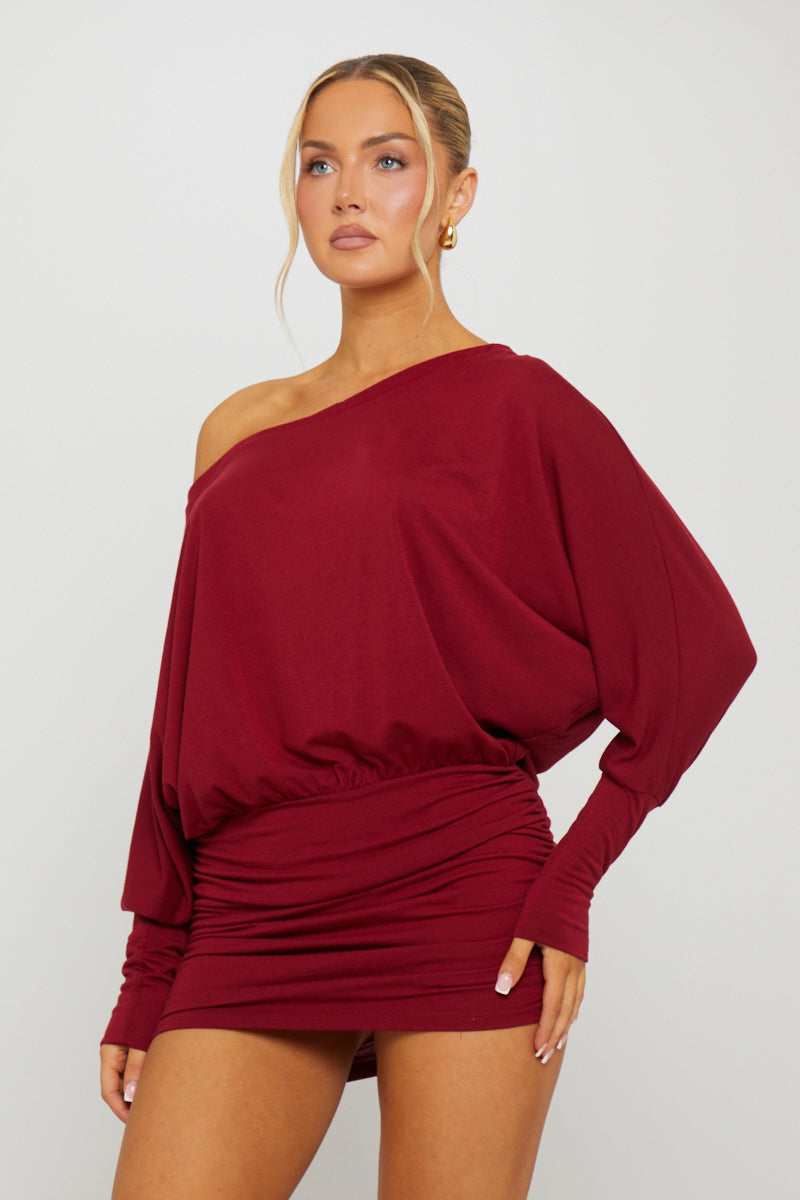 Off-the-Shoulder Gathered Dolman Burgundy Mini Dress