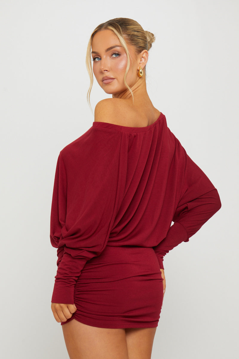 Off-the-Shoulder Gathered Dolman Burgundy Mini Dress