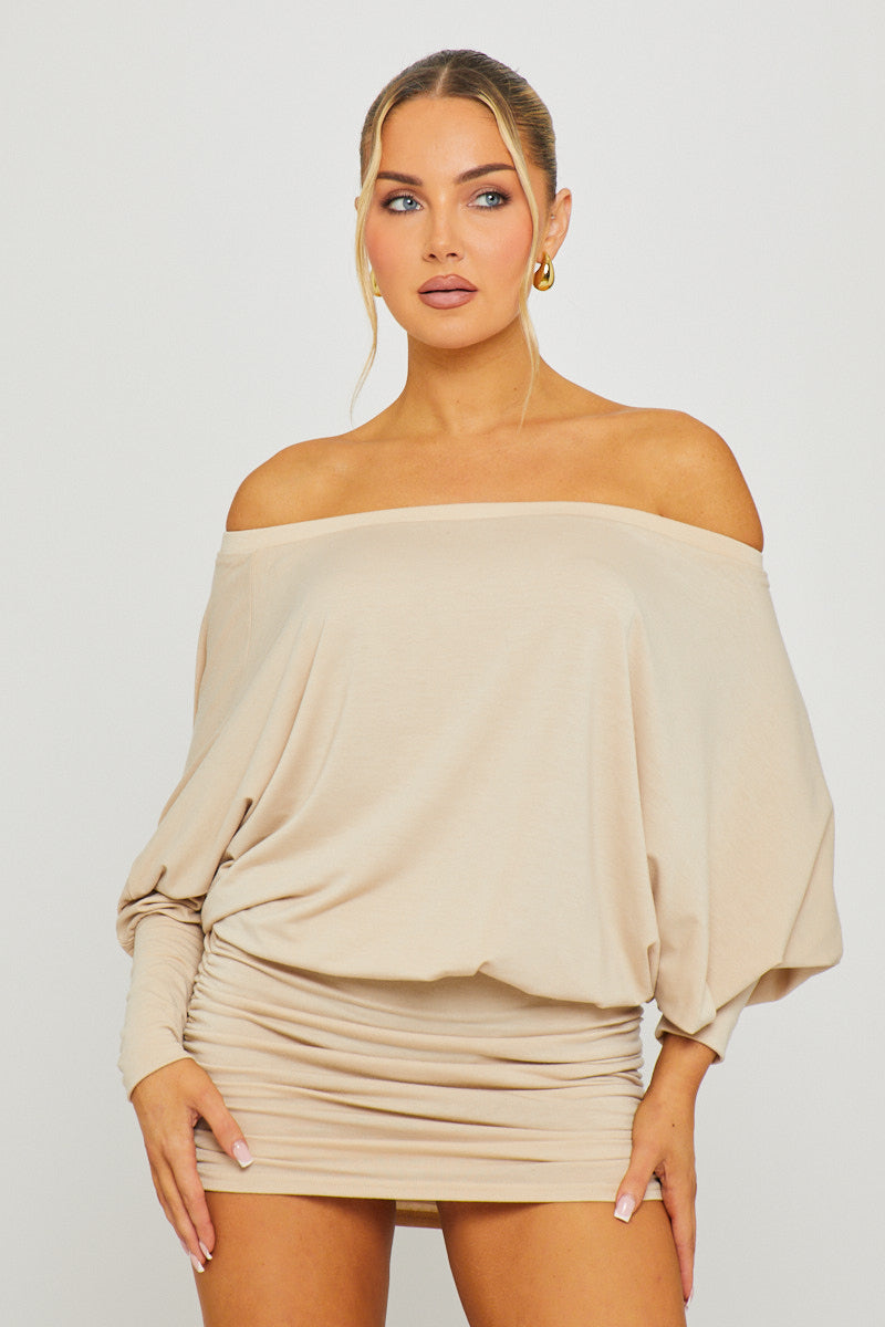 Bardot Ruched Dolman Stone Mini Dress
