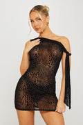 Leopard Embossed One Shoulder Black Mini Dress