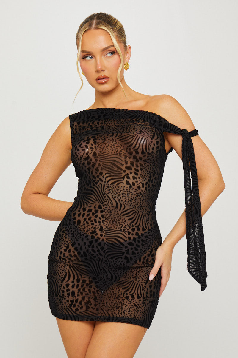 Leopard Embossed One Shoulder Black Mini Dress