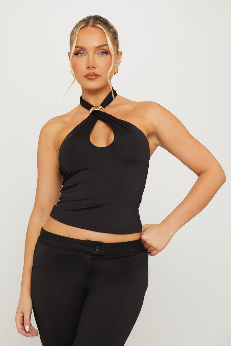 Halterneck Cross Over Detail Crop Top in Black