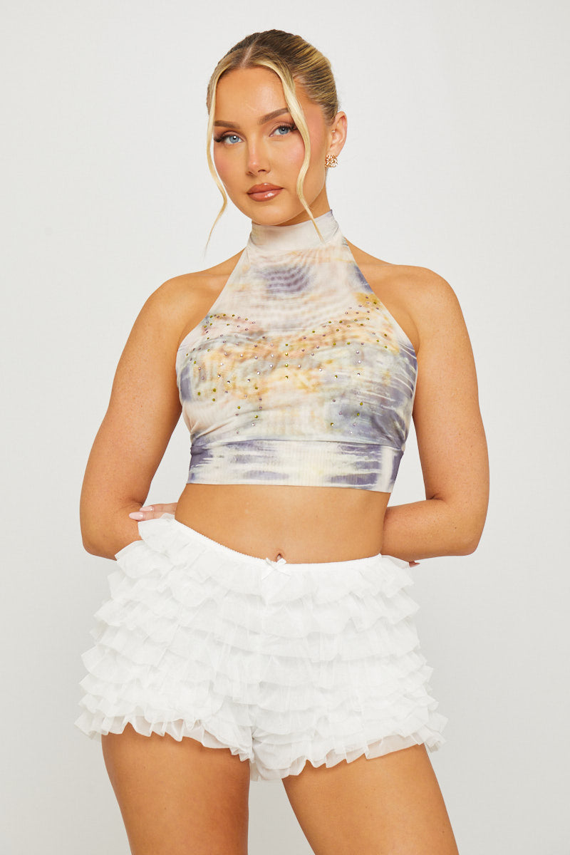 High Neck Butterfly Print Diamante Crop Top in Cream