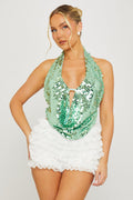 Sequin Halter Plunge Backless Top in Green