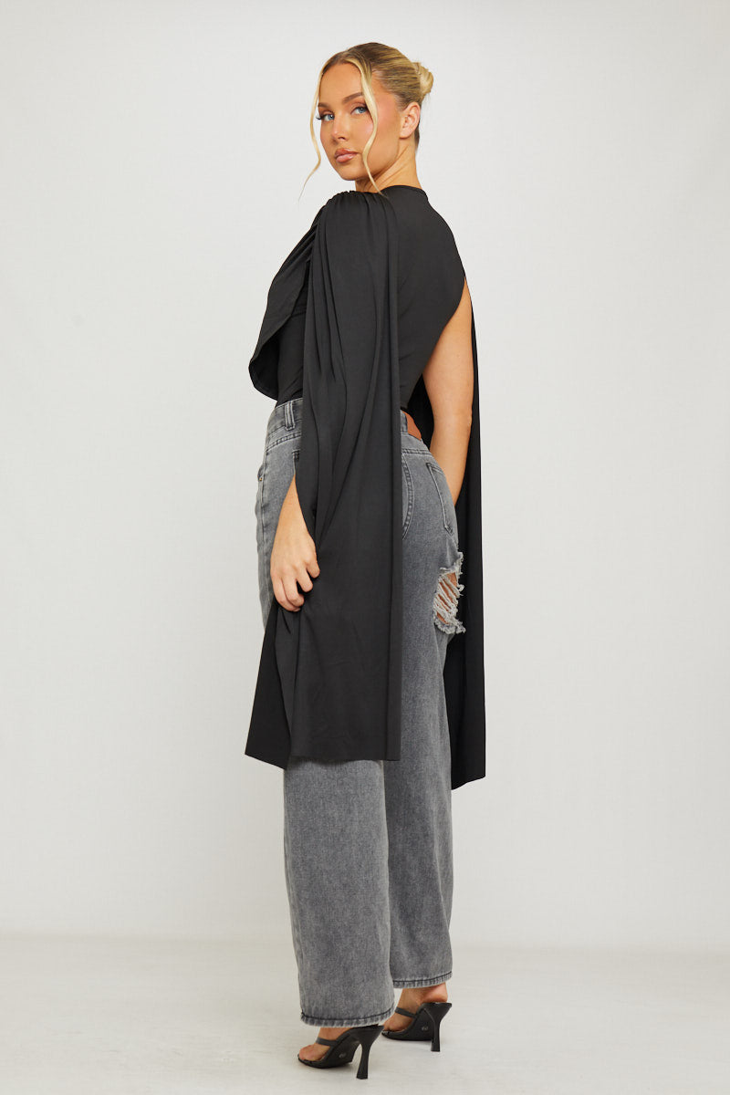 Shoulder Draped Ruched Bodysuit in Black
