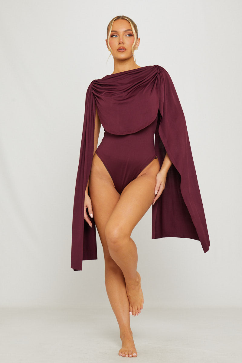 Burgundy Shoulder Draped Ruched Bodysuit