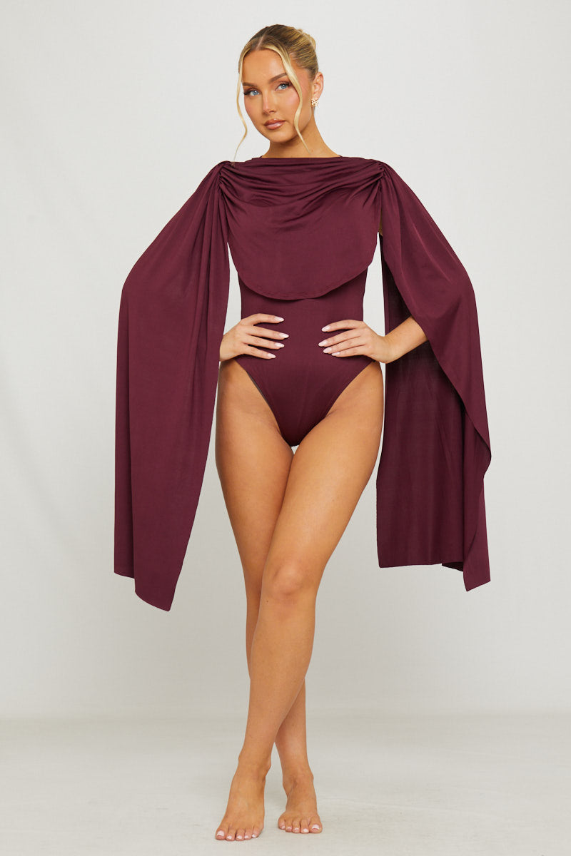 Burgundy Shoulder Draped Ruched Bodysuit