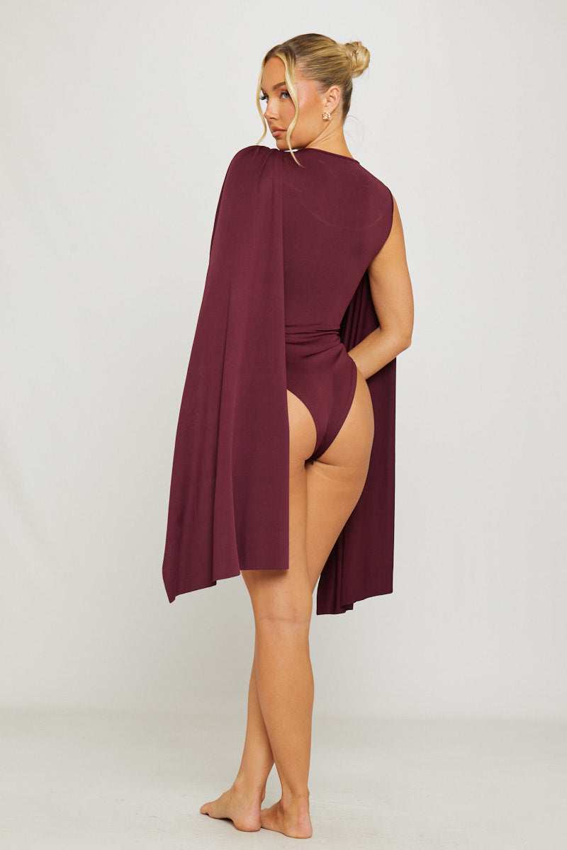 Burgundy Shoulder Draped Ruched Bodysuit