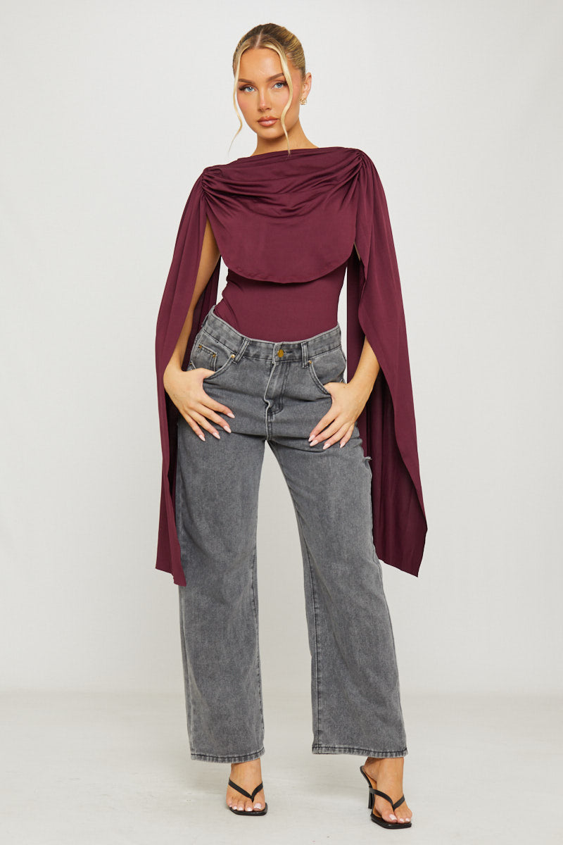 Burgundy Shoulder Draped Ruched Bodysuit