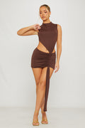 Mock Neck Ruche-Detail Uneven-Hem Drape-Front Brown Mini Dress