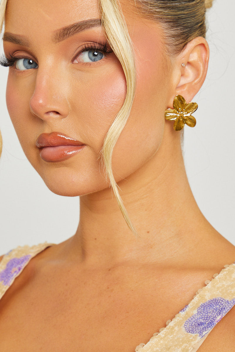 Gold Earrings - Flower-Petal Pendant-Drop