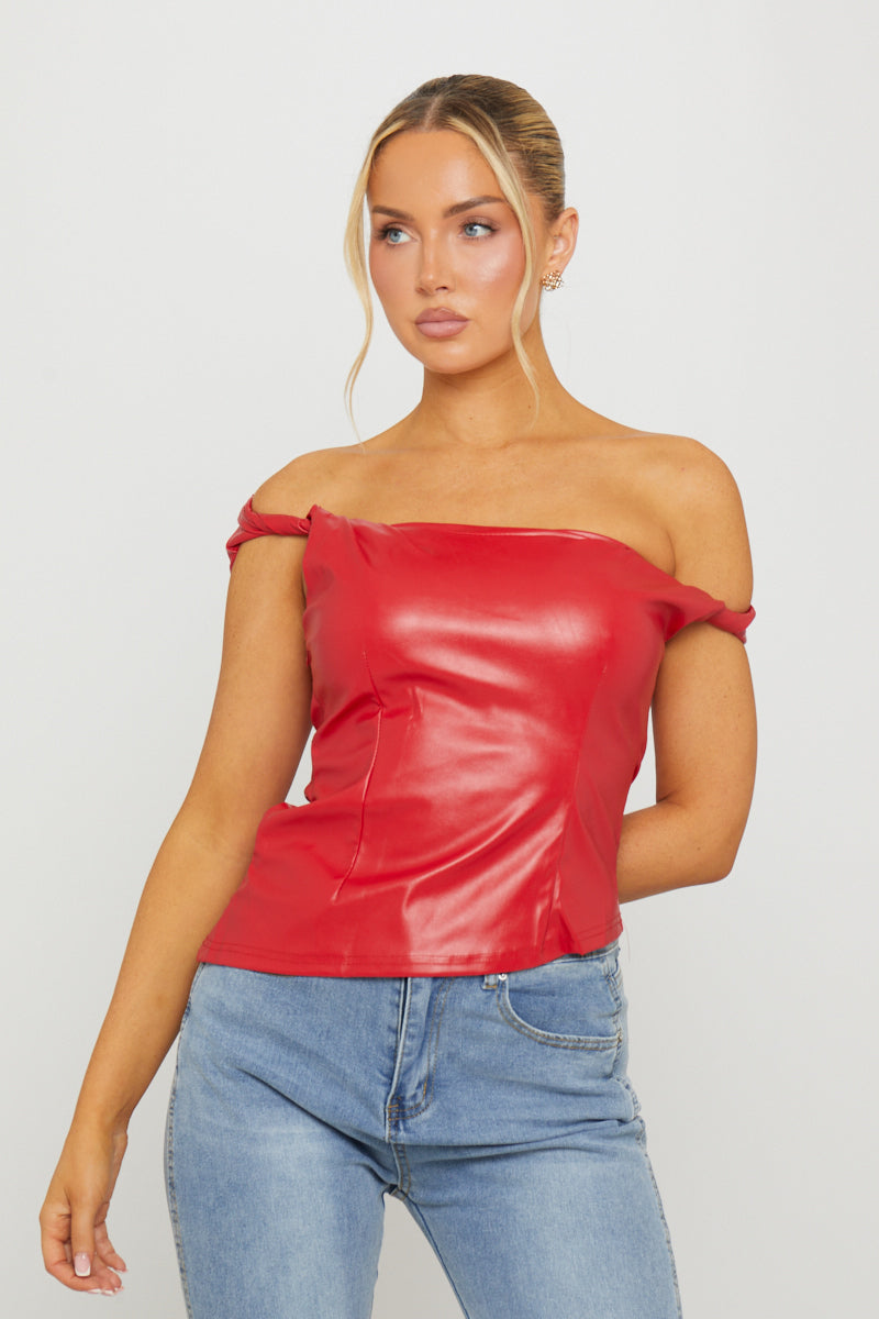 Faux Leather One Shoulder Asymmetric Top in Red