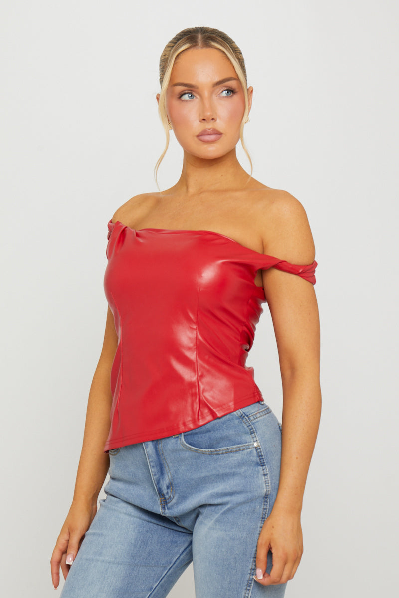 Faux Leather One Shoulder Asymmetric Top in Red