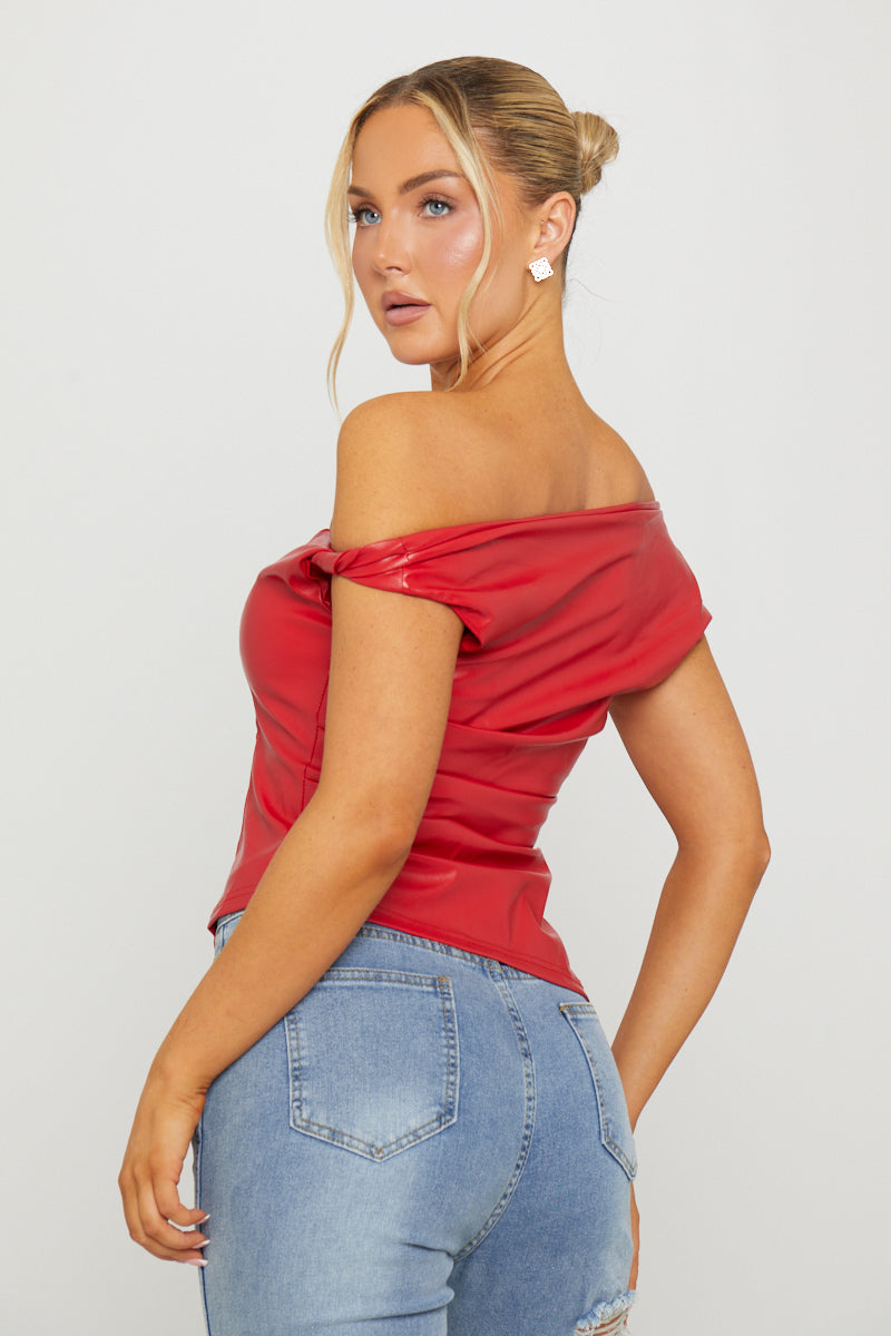 Faux Leather One Shoulder Asymmetric Top in Red