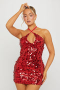 Wine Sequin Halterneck Open Back Mini Dress - AMRONI