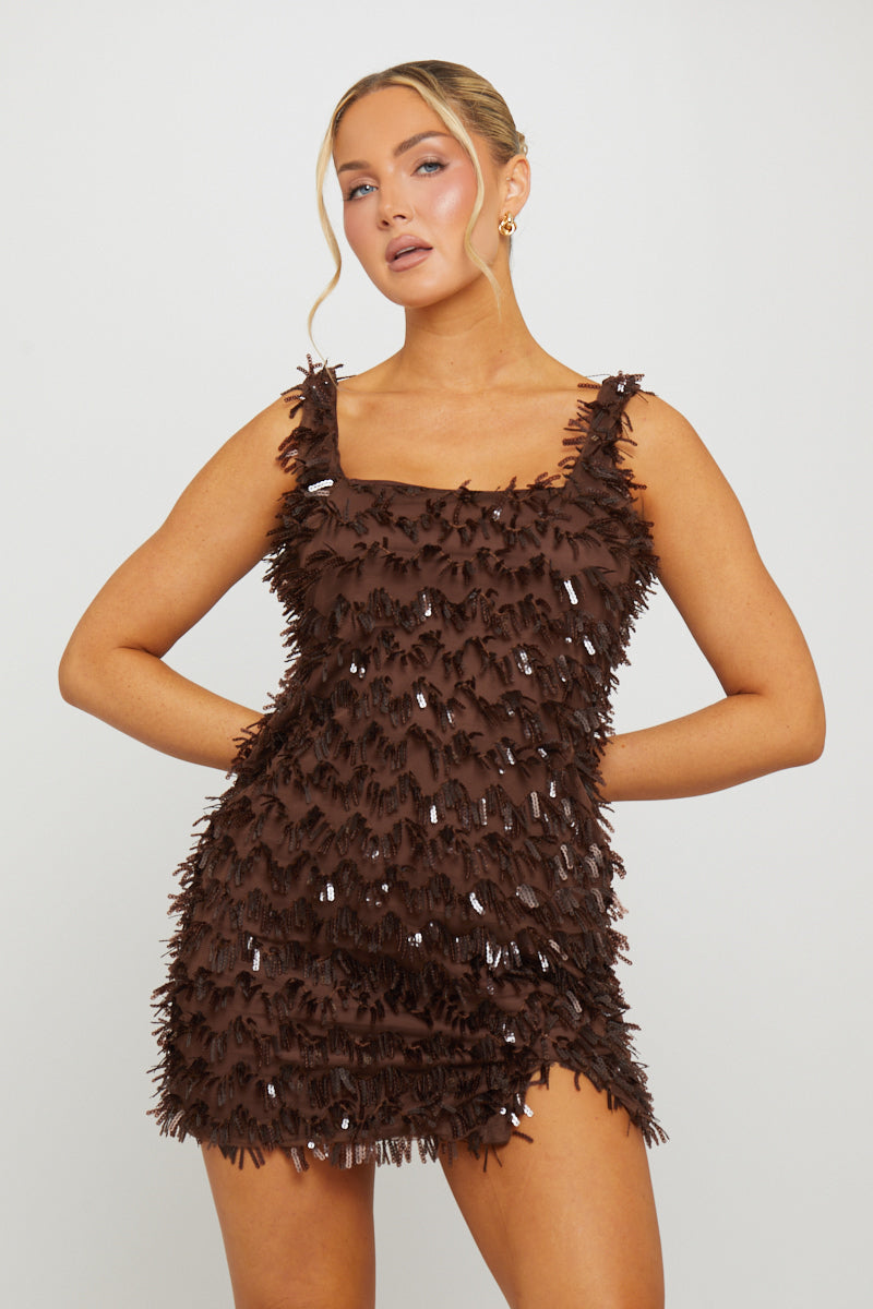 Sparkle Diamante-Embellished Split-Hem Detail Brown Mini Dress