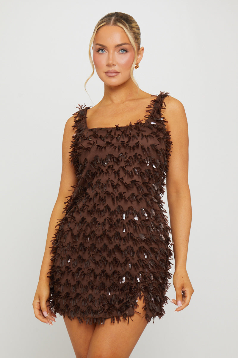 Sparkle Diamante-Embellished Split-Hem Detail Brown Mini Dress