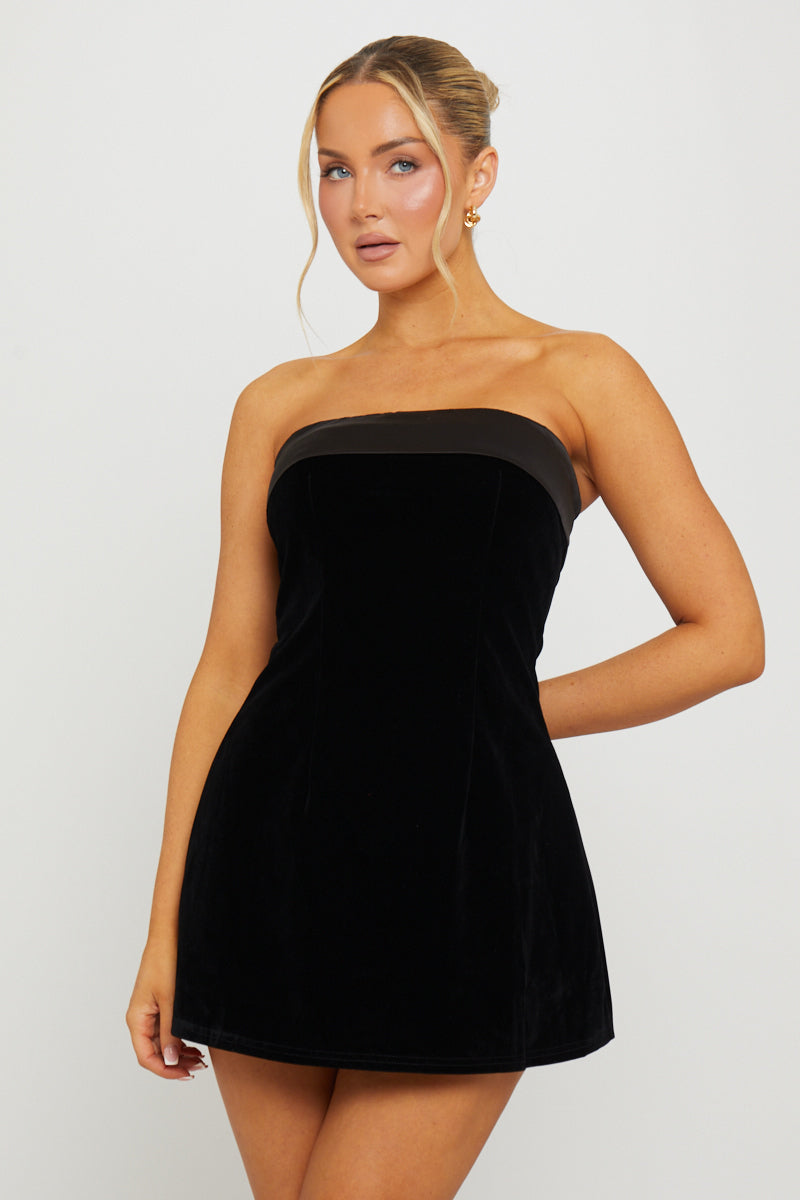 Black Velvet Fold Over Bandeau Mini Dress