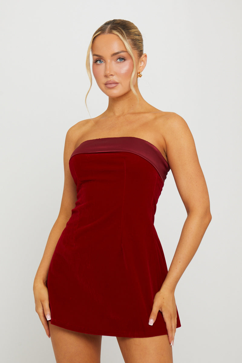 Velour Fold Over Strapless Wine Mini Dress