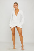 V-Plunge Neck Draped Long-Sleeve White Mini Dress