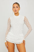 White Lace Ruffle-Frill High Neck Mini Dress - AMRONI
