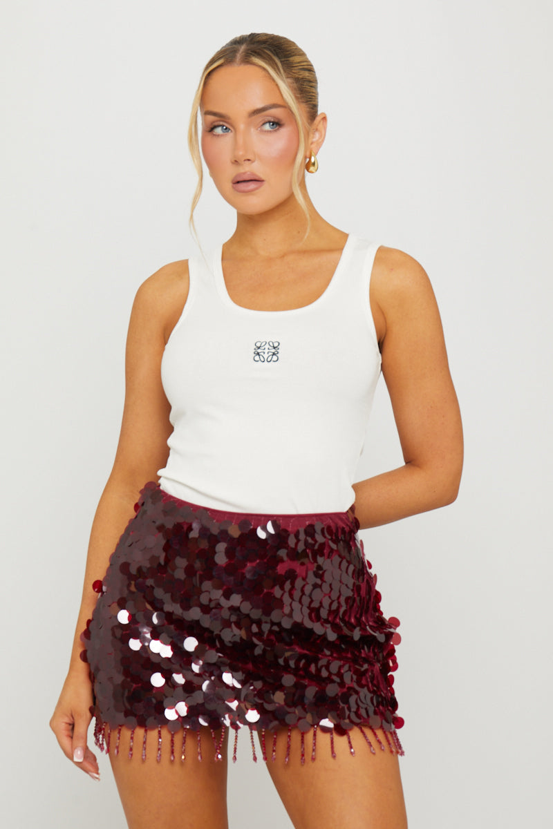 Sequin Tassel Detail Bodycon Mini Skirt in Wine