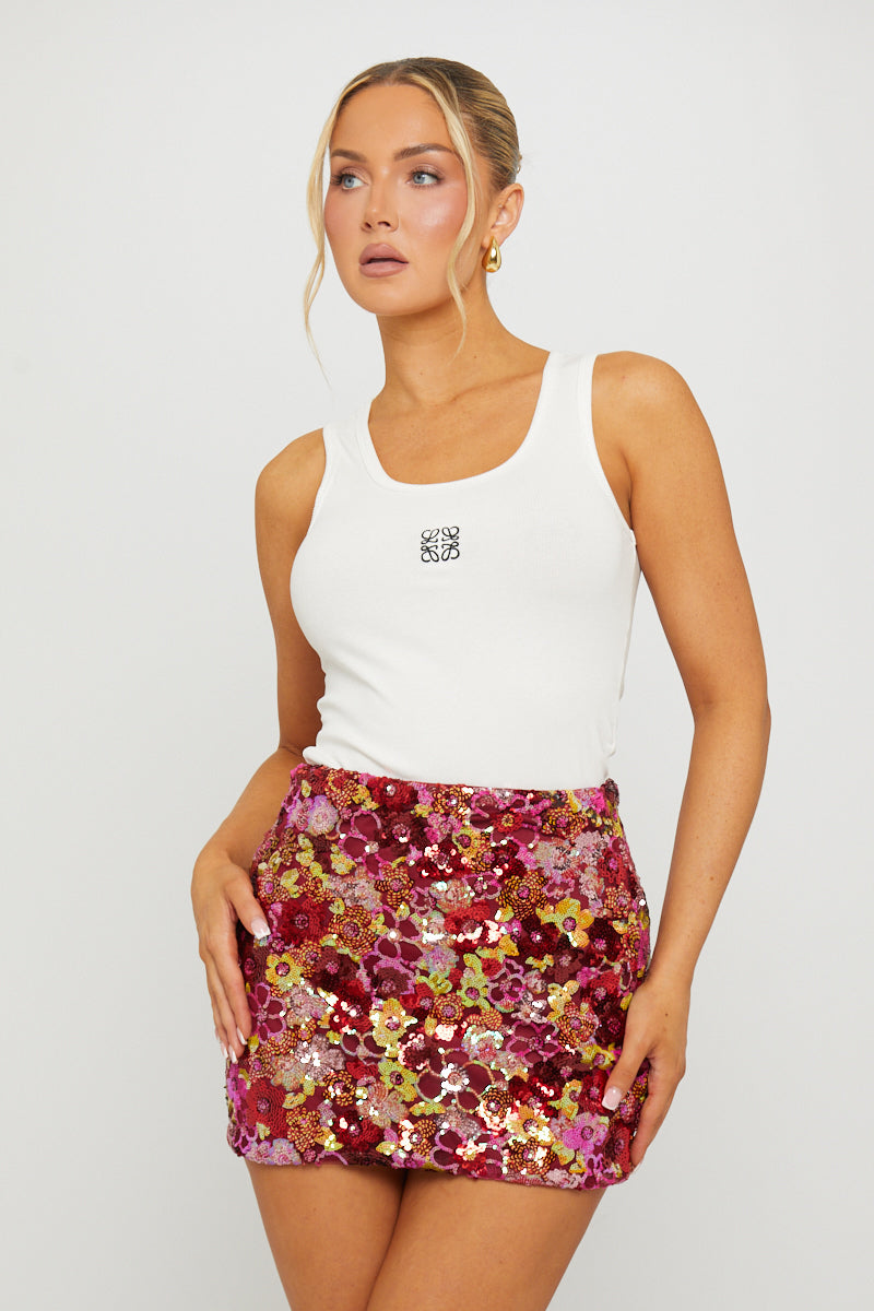 Floral Sequin Detail Bodycon Mini Skirt in Red