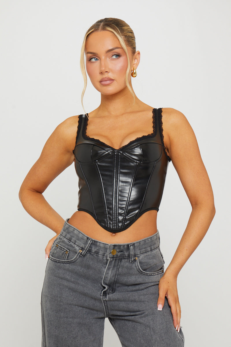 Faux Leather Bustier Dipped Corset Top in Black