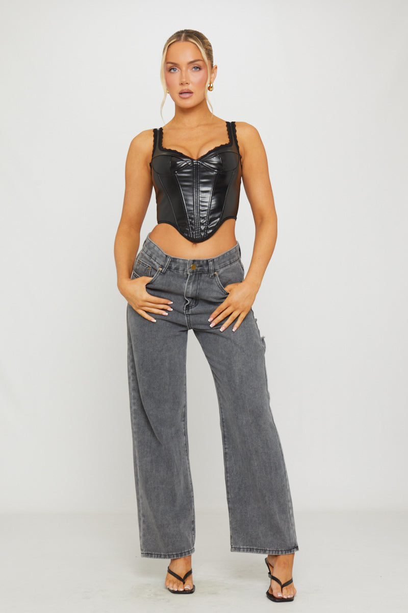 Faux Leather Bustier Dipped Corset Top in Black