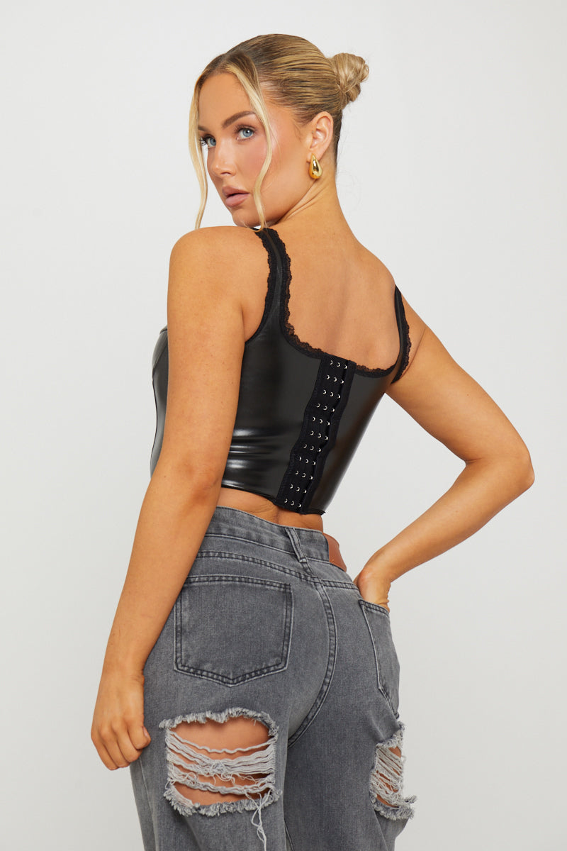 Faux Leather Bustier Dipped Corset Top in Black