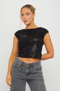 Sequin Detail Cap Sleeve Backless Crop Top in Black