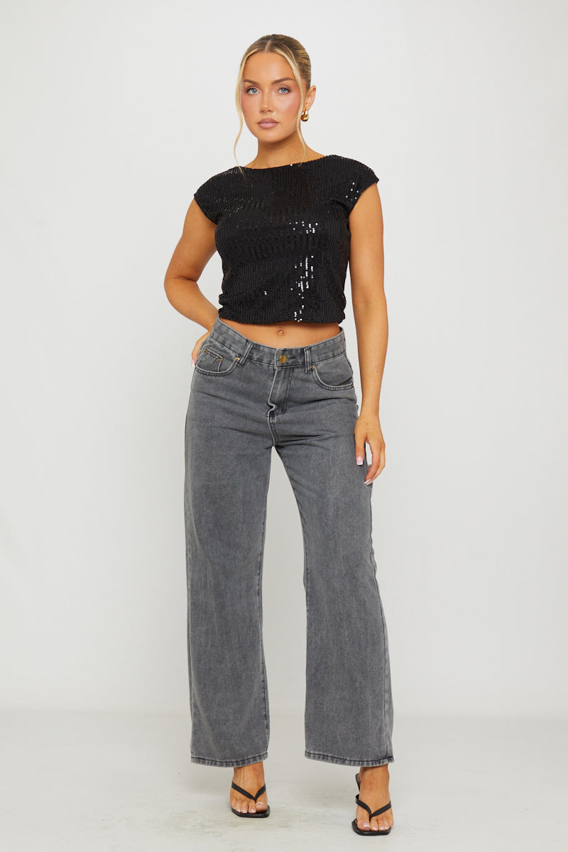 Sequin Detail Cap Sleeve Backless Crop Top in Black
