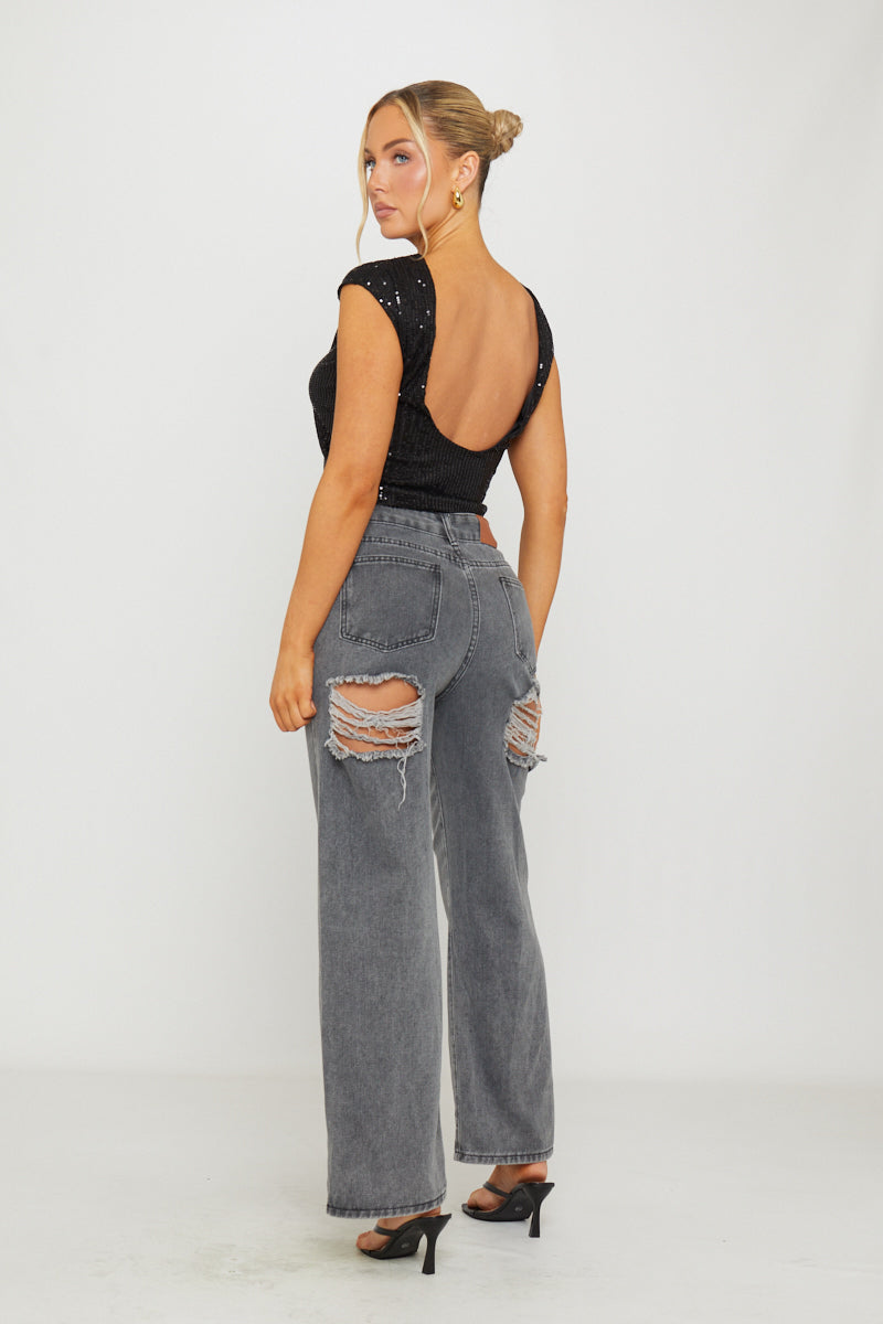 Sequin Detail Cap Sleeve Backless Crop Top in Black