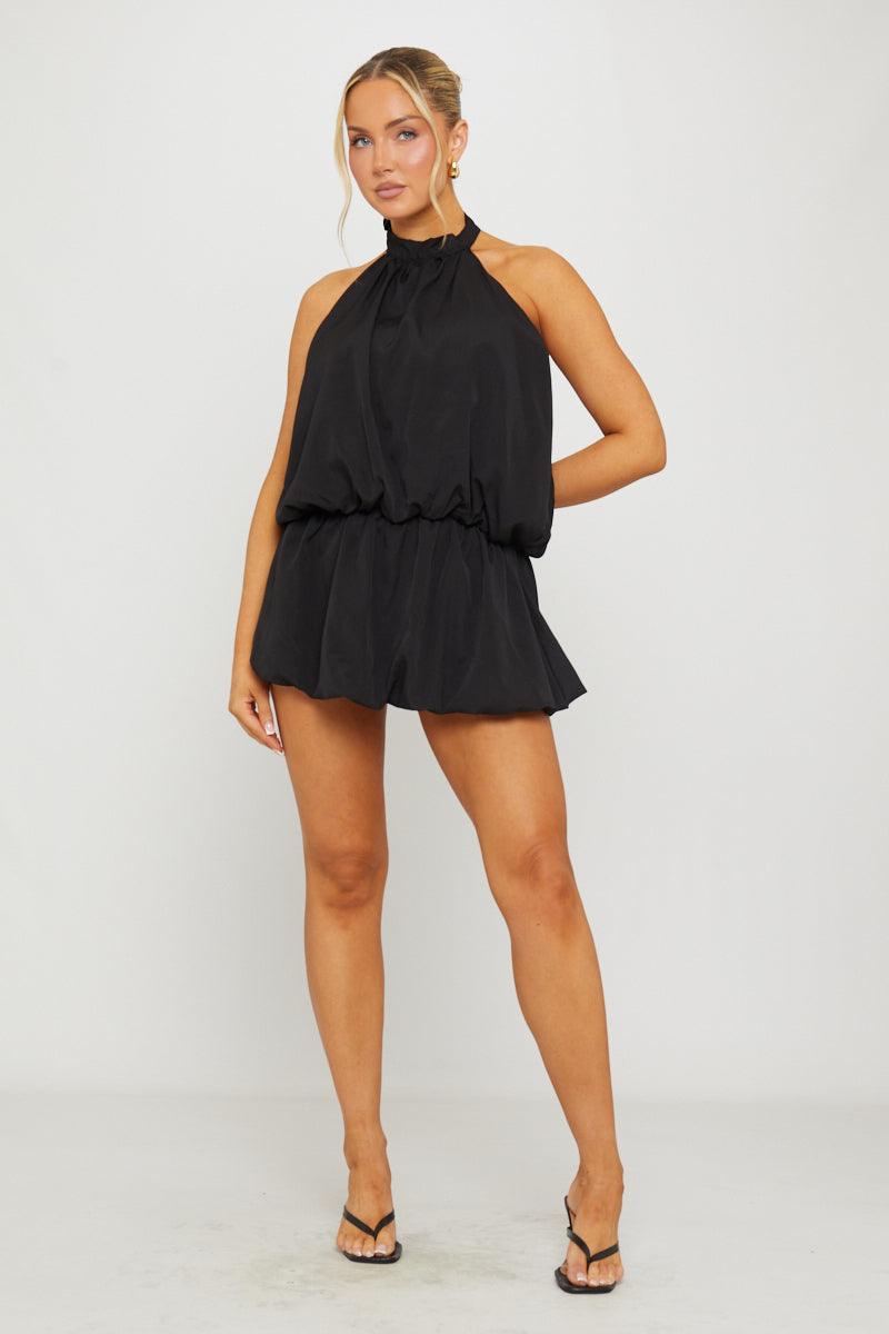 Black High-Neck Low Back Bubble Hem Mini Dress