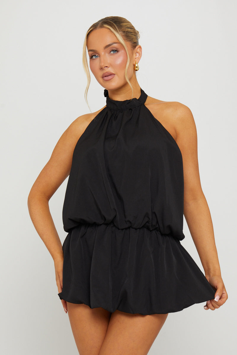 Black High-Neck Low Back Bubble Hem Mini Dress