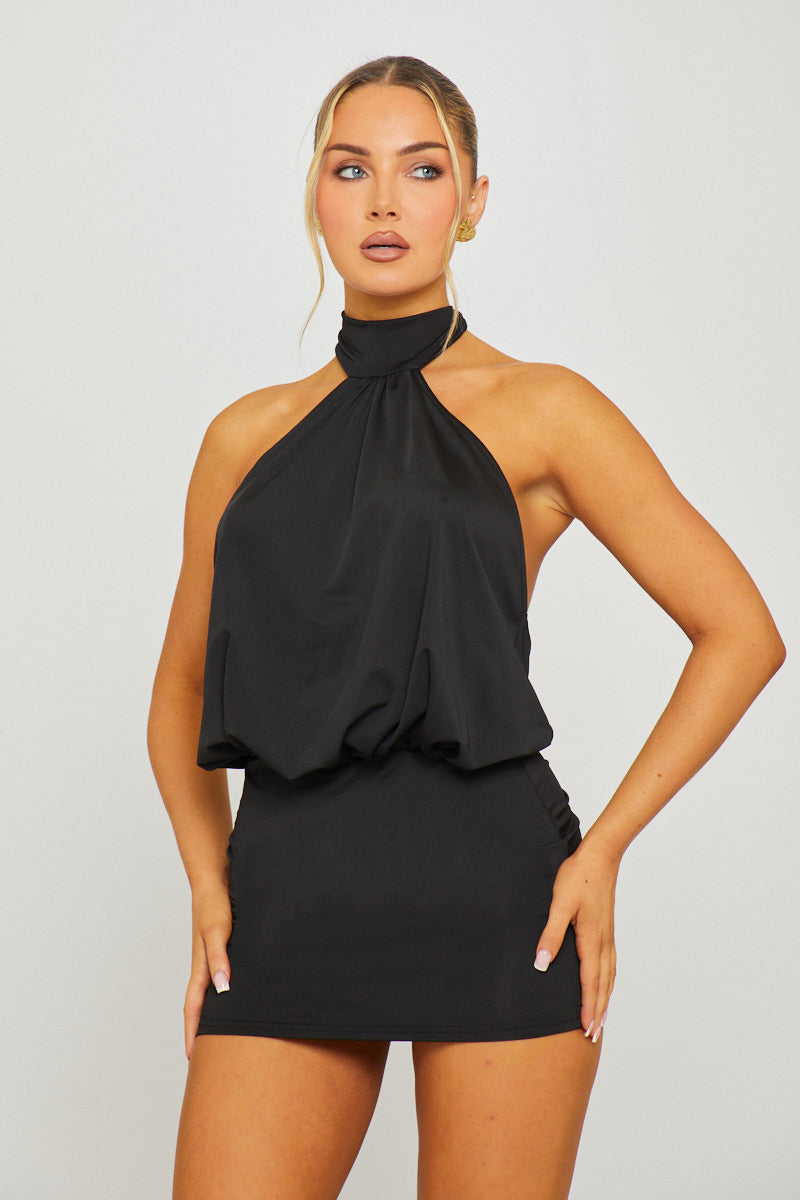 Black Halter Mock Neck Open-Back Mini Dress