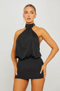 Black Halter Mock Neck Open-Back Mini Dress