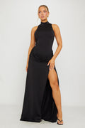 Black High-Neck Draped Thigh-Split Maxi Dress