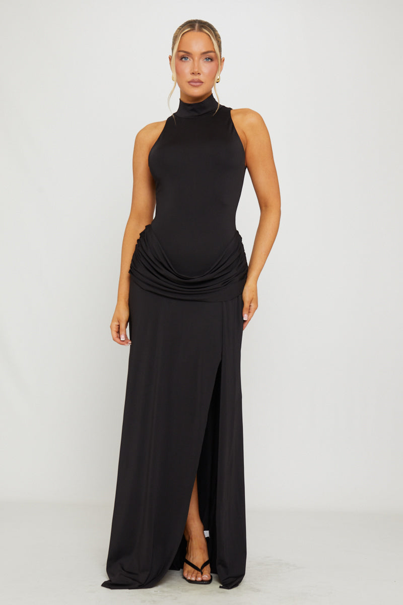 Black High-Neck Draped Thigh-Split Maxi Dress