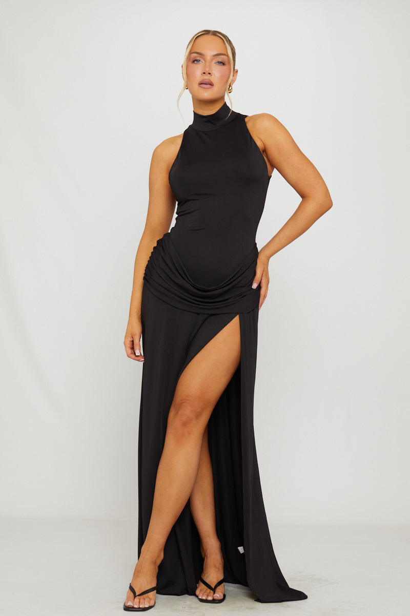 Black High-Neck Draped Thigh-Split Maxi Dress