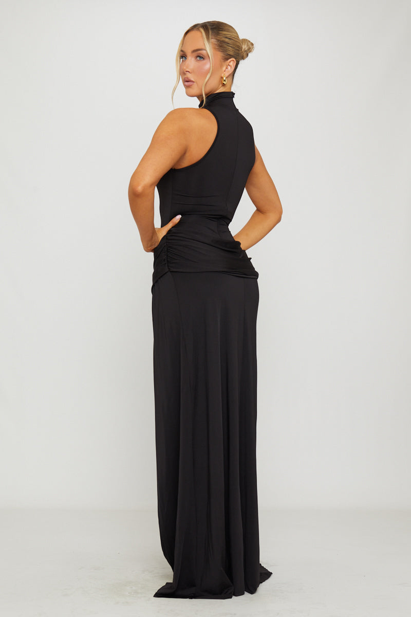 Black High-Neck Draped Thigh-Split Maxi Dress